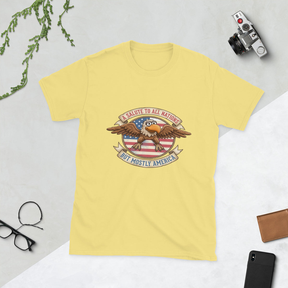 A Salute to All Nations vintage eagle fan t-shirt in Cornsilk, front view