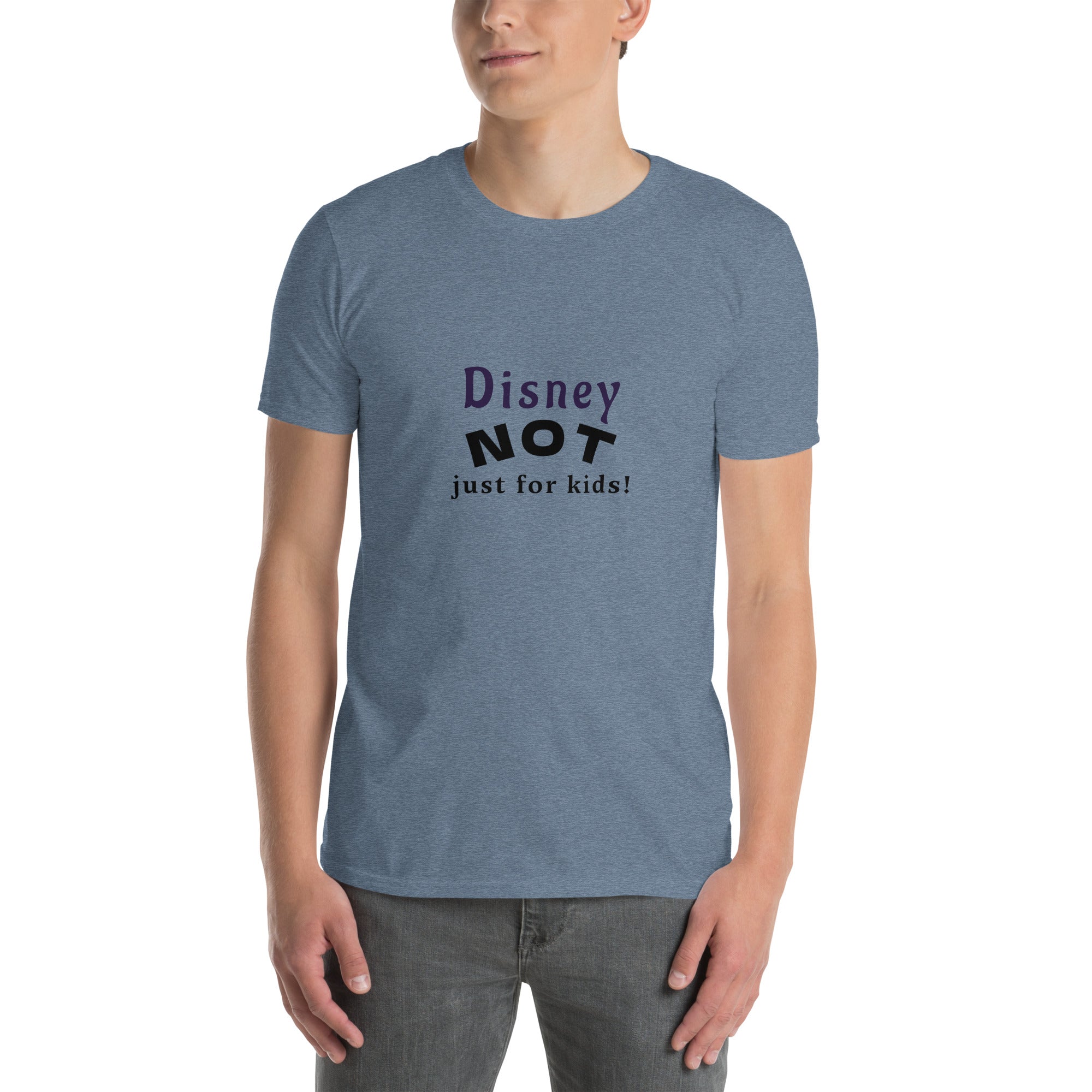 Disney NOT Just for Kids t-shirt in Heather Indigo, front view reading “Disney NOT Just for Kids!”