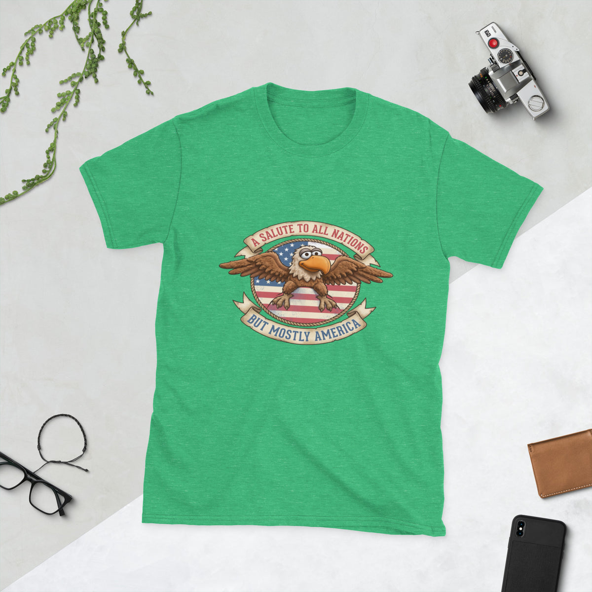 A Salute to All Nations vintage eagle fan t-shirt in Heather Irish Green, front view
