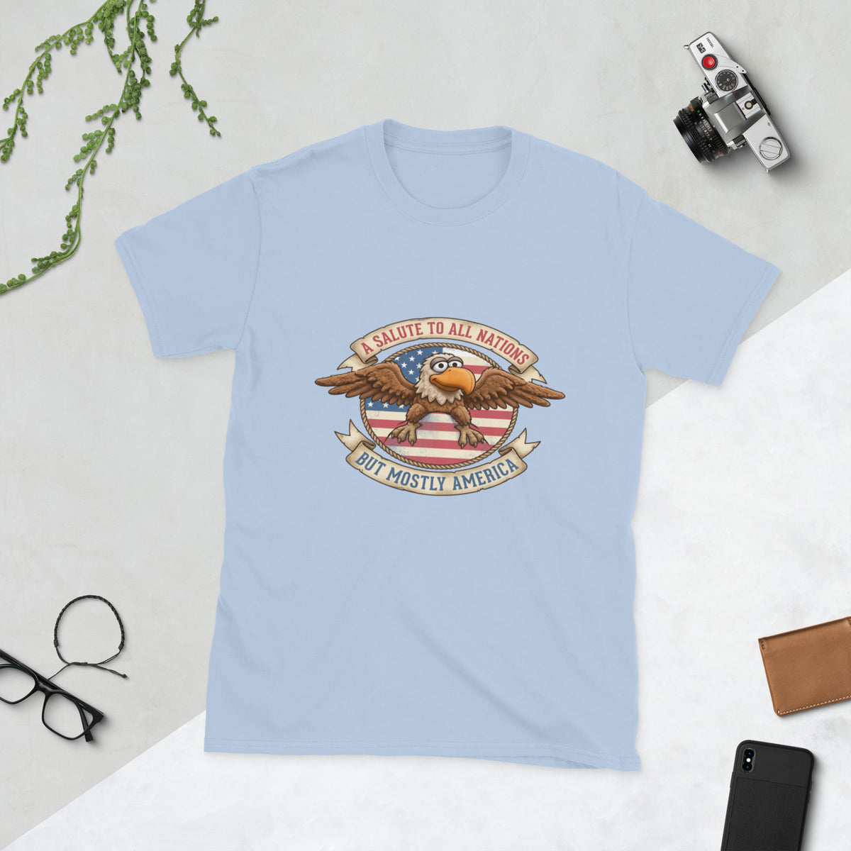 A Salute to All Nations vintage eagle fan t-shirt in Light Blue, front view