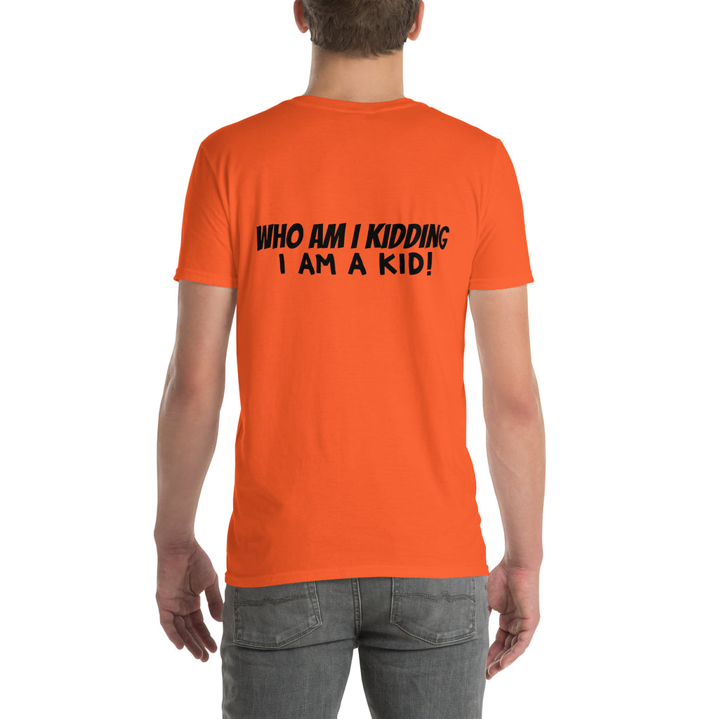 Disney NOT Just for Kids t-shirt in Orange, back view reading “Who am I kidding, I AM a kid!”