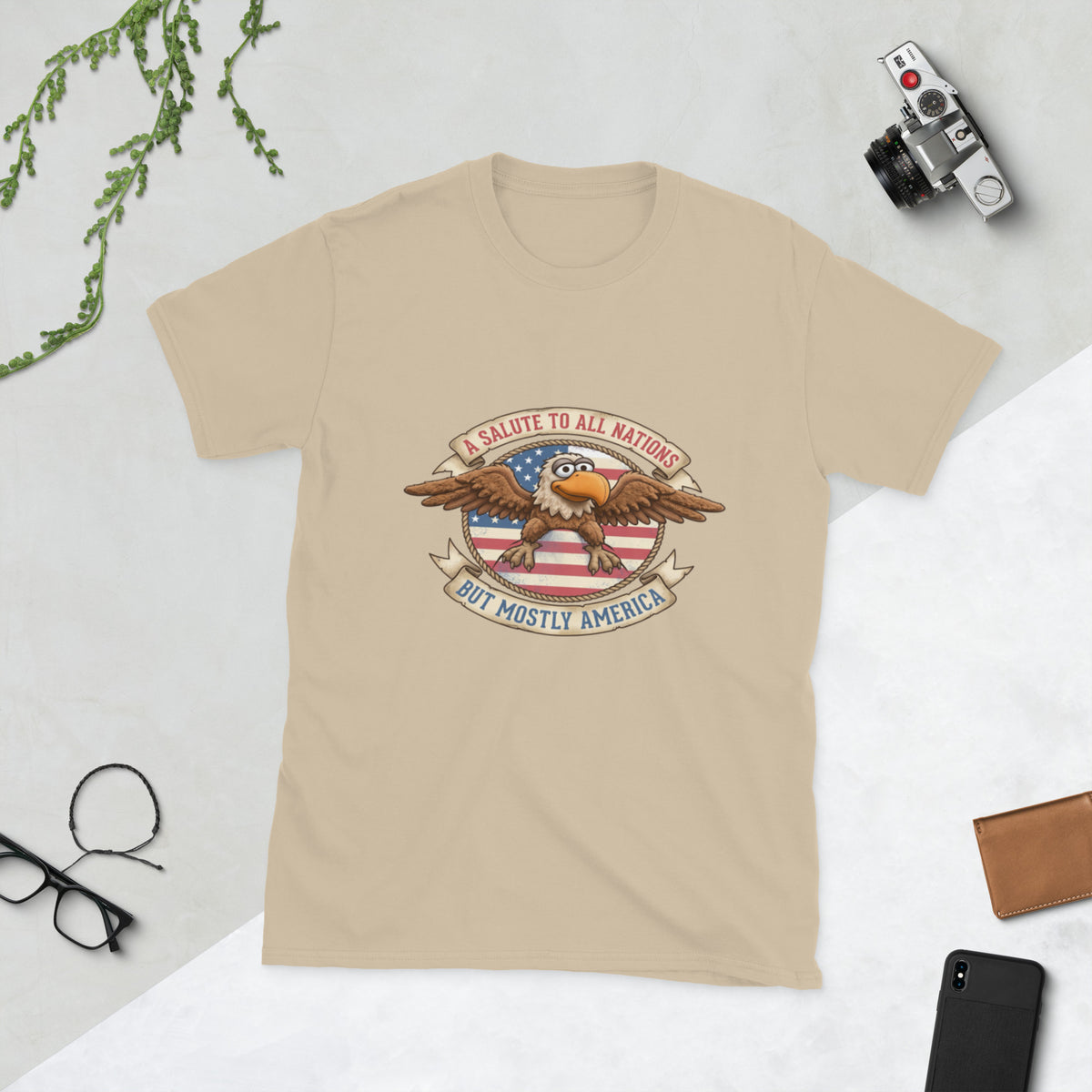 A Salute to All Nations vintage eagle fan t-shirt in Sand, front view